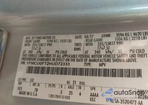 2017 Ford Escape S z USA, uszkodzony, nr VIN 1FMCU0F72HUD72333